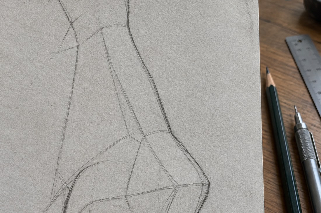Dessin manga au crayon : construire un nez de trois-quarts en suivant l'axe courbé du visage