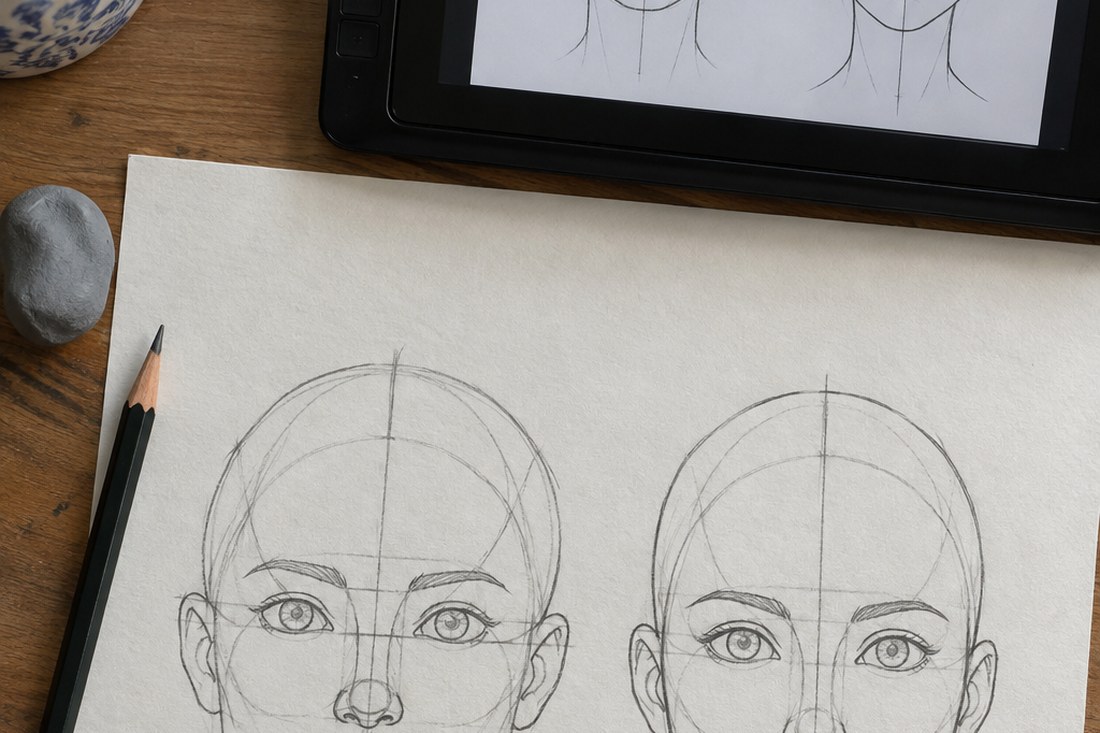 Dessin manga au crayon : le cercle du crâne et les axes de construction posés avant le moindre trait de visage