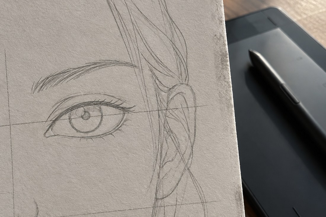 Dessin manga au crayon : les repères horizontaux qui placent les yeux, le nez et la bouche