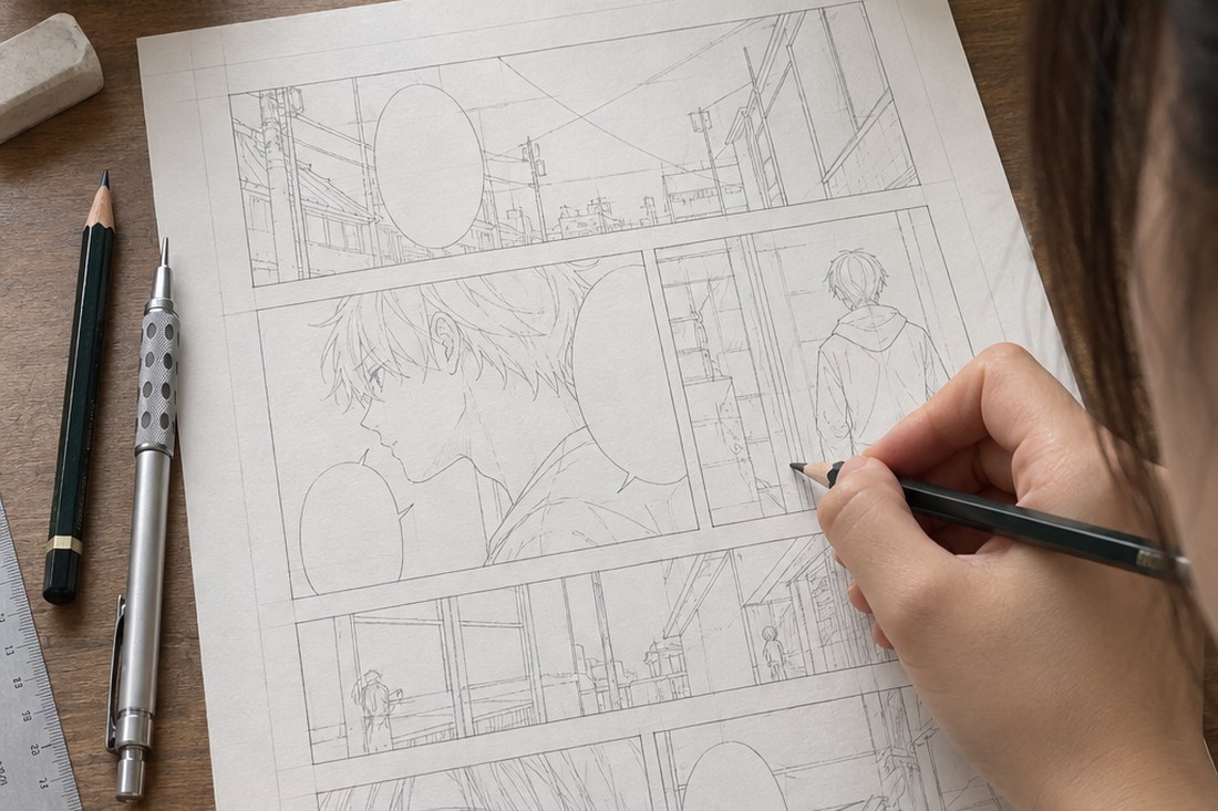 Dessin manga au crayon : cadrages et bulles : rends le trajet de lecture évident