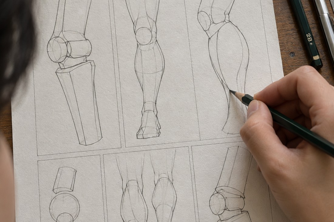 Dessin manga au crayon : jambes manga : construire le genou, le mollet et l’appui