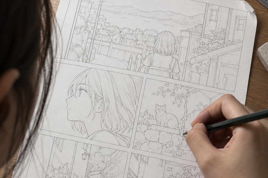 Dessin manga au crayon : écriture du scénario : avance par étapes liées