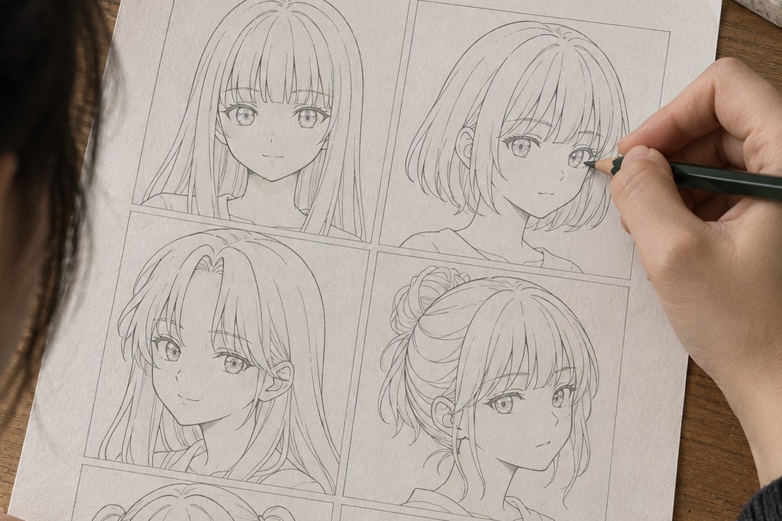 Dessin manga au crayon : frange et coupe manga : varie une base simple