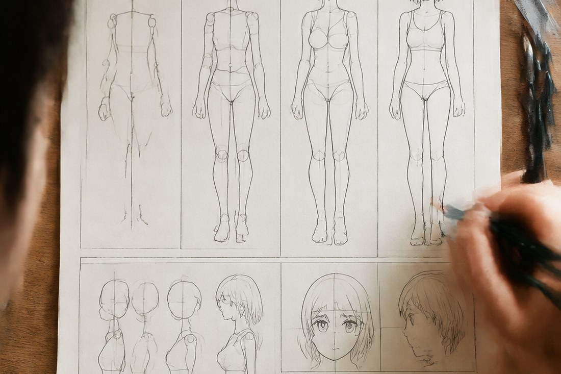 Dessin manga au crayon : construction manga : poser le corps dans le bon ordre