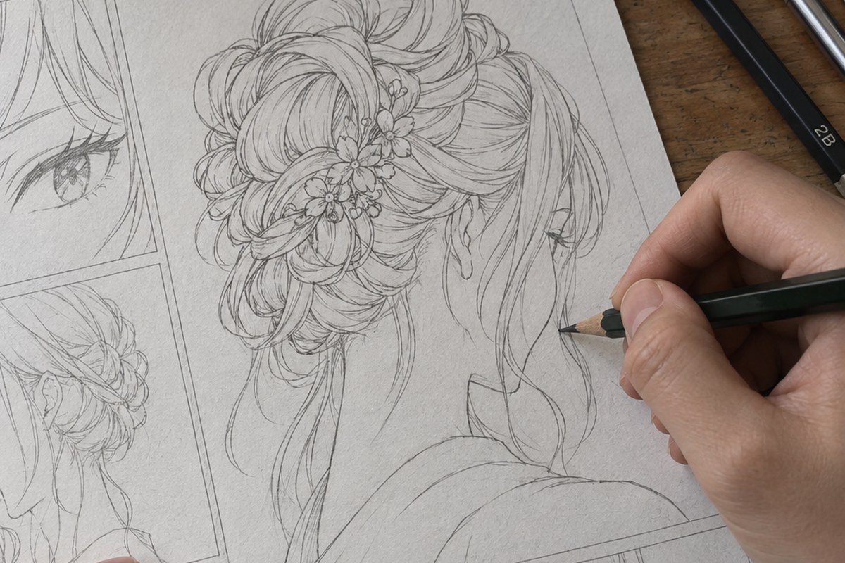 Dessin manga au crayon : Modèle cheveux manga : dessine une coiffure en volume