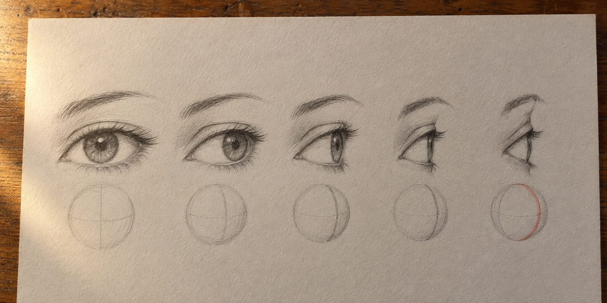 Cinq études du même œil manga pendant que la tête tourne : de l'amande de face au petit coin de profil, l'iris passant du rond à une bande étroite