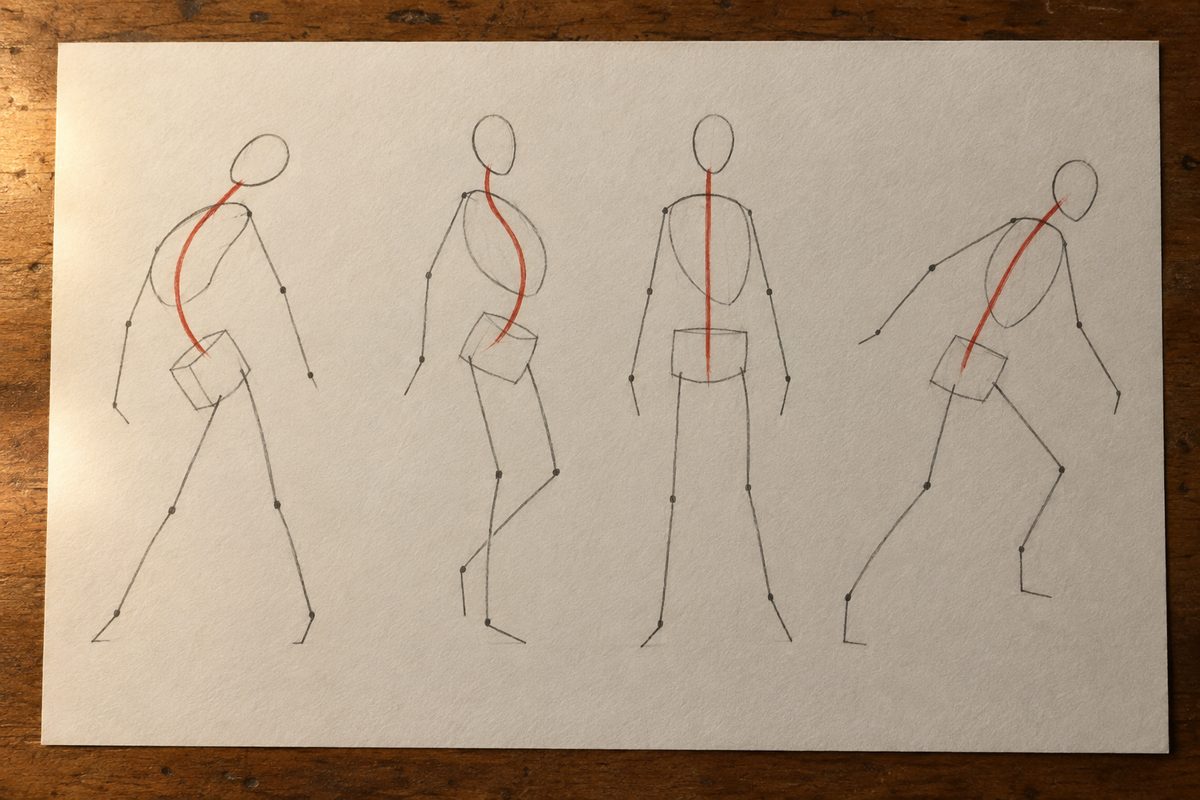 Quatre constructions de geste : tete, cage thoracique, bassin et directions des membres, avec la ligne d action tracee en rouge — un C, un S, une verticale et une diagonale