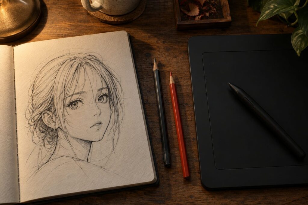 Carnet ouvert avec un visage manga encre a la main, pose a cote d une tablette graphique eteinte et de son stylet
