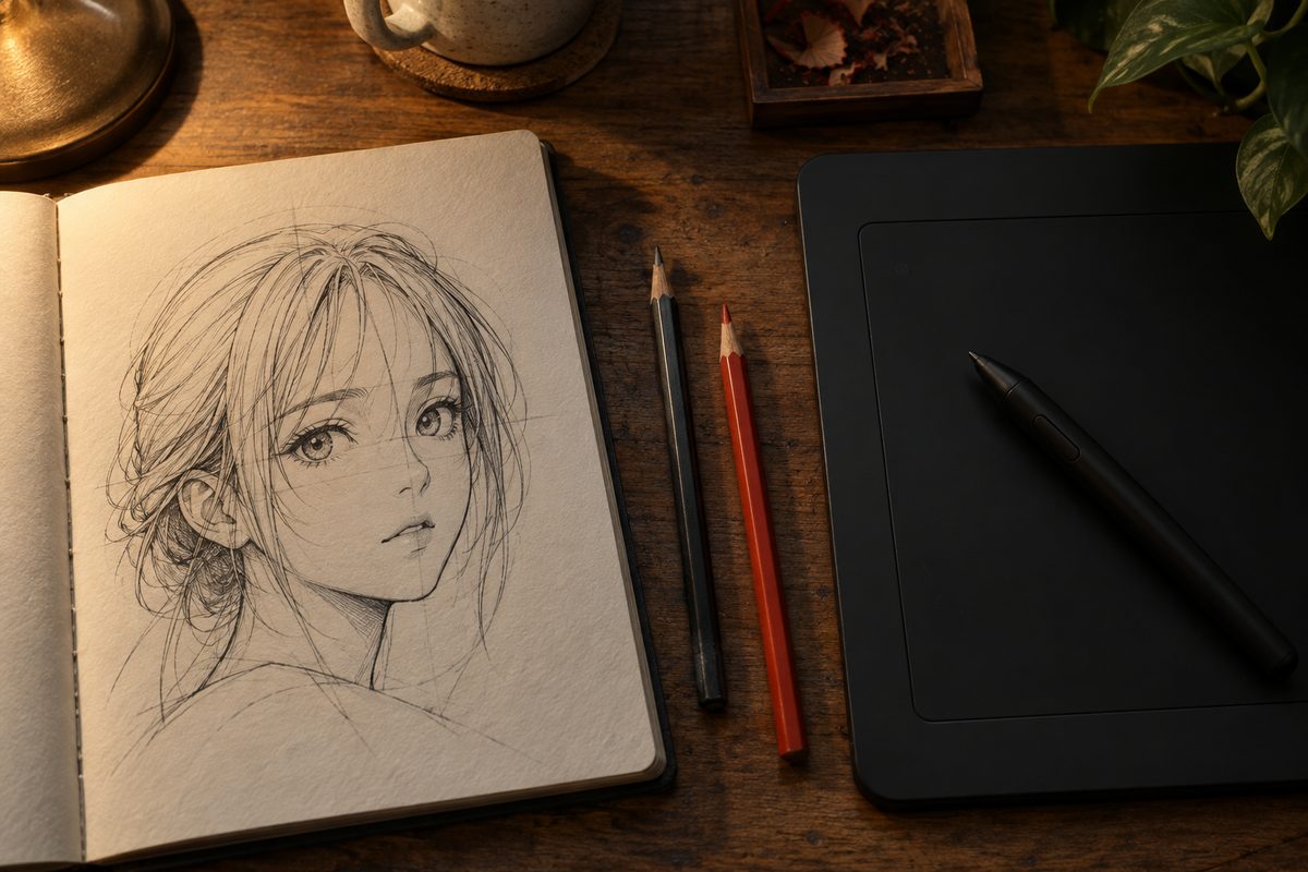 Carnet ouvert avec un visage manga encre a la main, pose a cote d une tablette graphique eteinte et de son stylet
