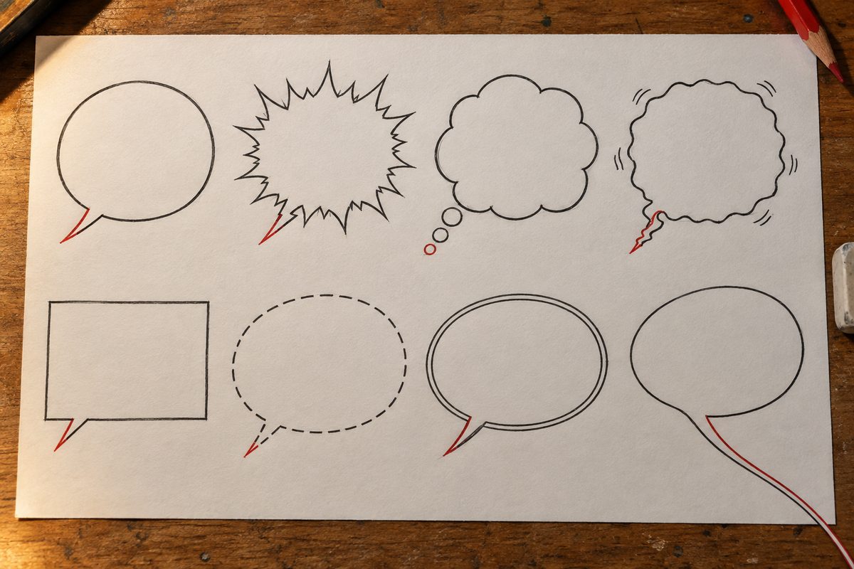 Huit bulles vides dessinées séparément : ronde à queue pointue, éclatée en dents, en nuage avec traîne de bulles, tremblante, rectangulaire, en pointillés, à double contour, et à très longue queue, chaque queue tracée en rouge
