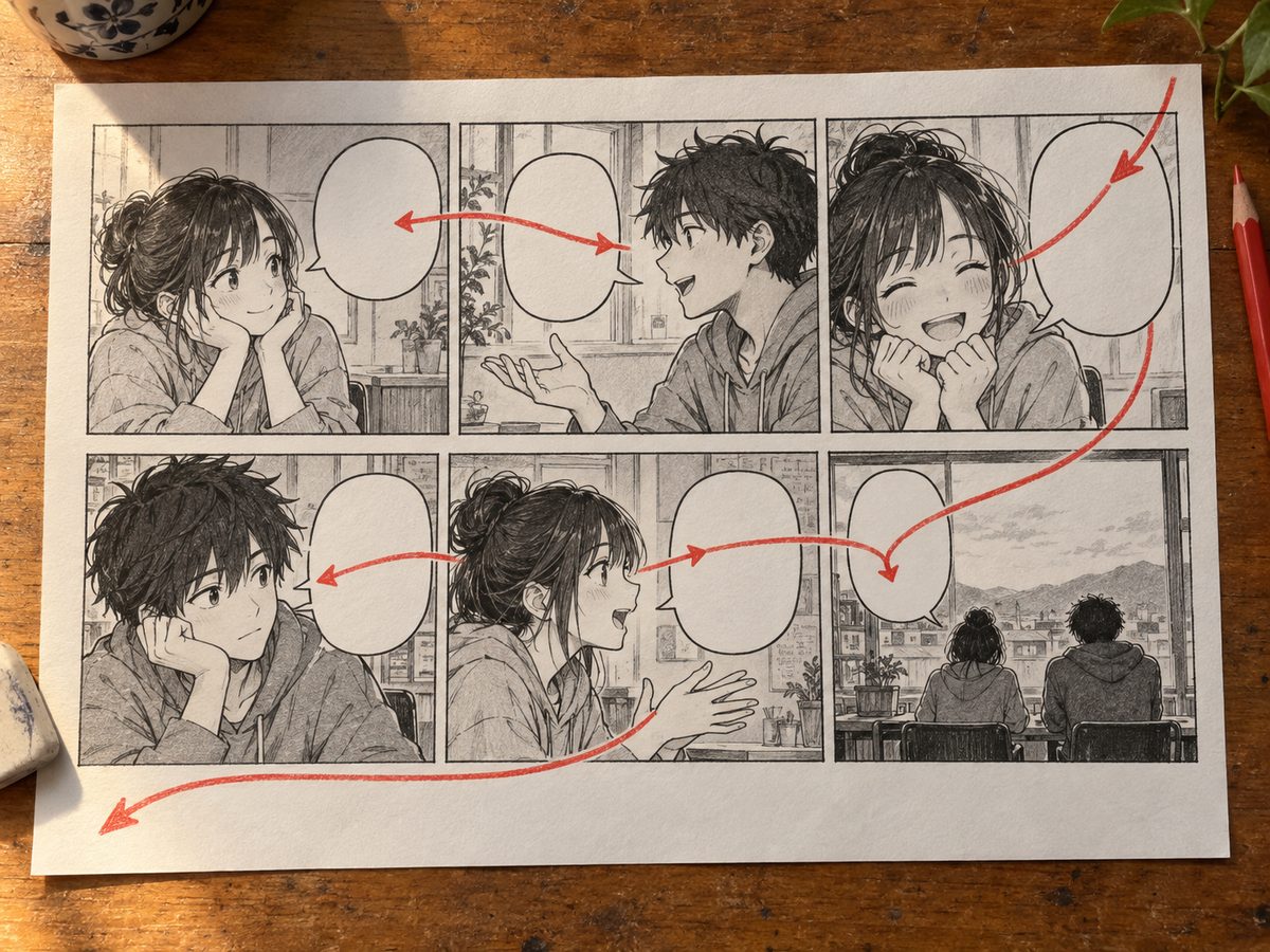 Une planche manga de six cases avec des bulles vides, une flèche rouge continue entrant en haut à droite, traversant toutes les bulles dans l'ordre de lecture japonais, et ressortant en bas à gauche