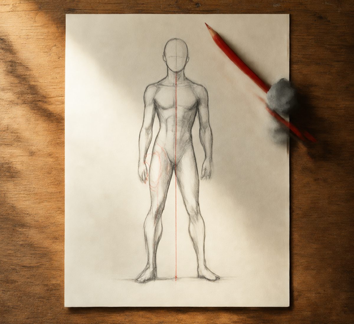 Une feuille seule au centre de la table : un personnage debout au crayon, avec un fil a plomb rouge descendant du cou au pied porteur et un contour entoure