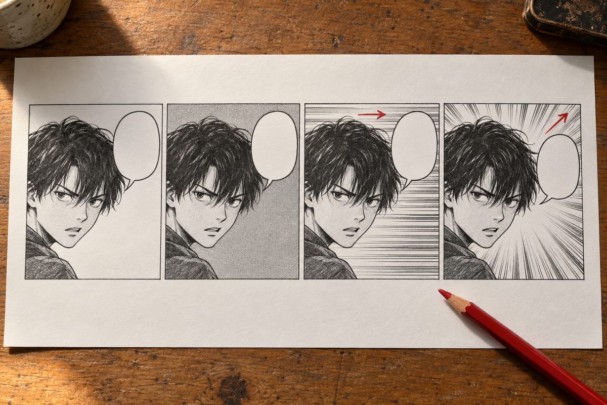 Quatre petites cases manga du même gros plan de visage avec quatre fonds différents : blanc vide, trame grise unie, lignes de vitesse horizontales et lignes de concentration rayonnant depuis la tête