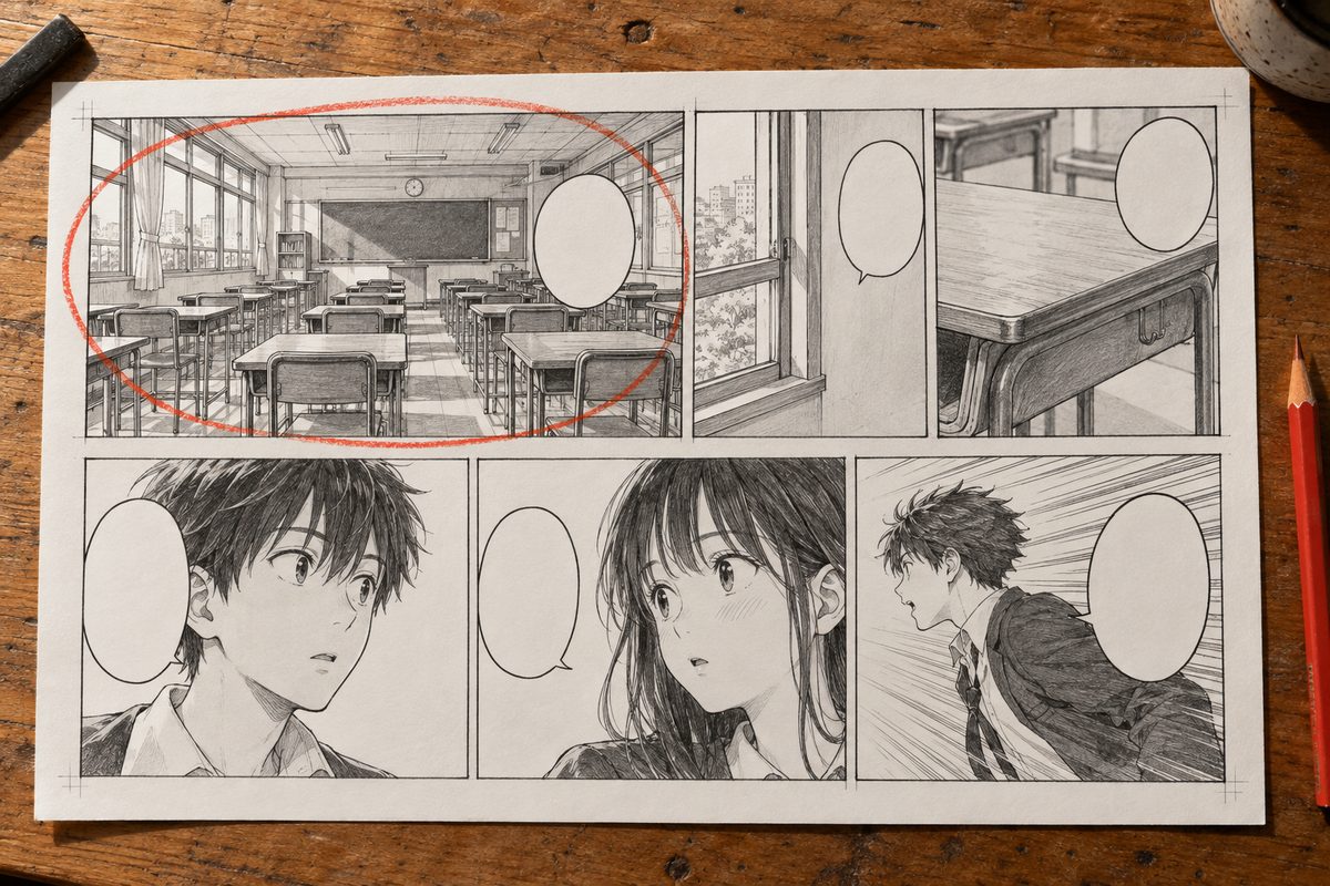 Une planche manga de six cases : un grand plan d'établissement de salle de classe entouré en rouge, puis deux cases avec seulement un fragment de fenêtre ou de table, puis deux gros plans sur fond blanc, et une dernière case avec des lignes de vitesse
