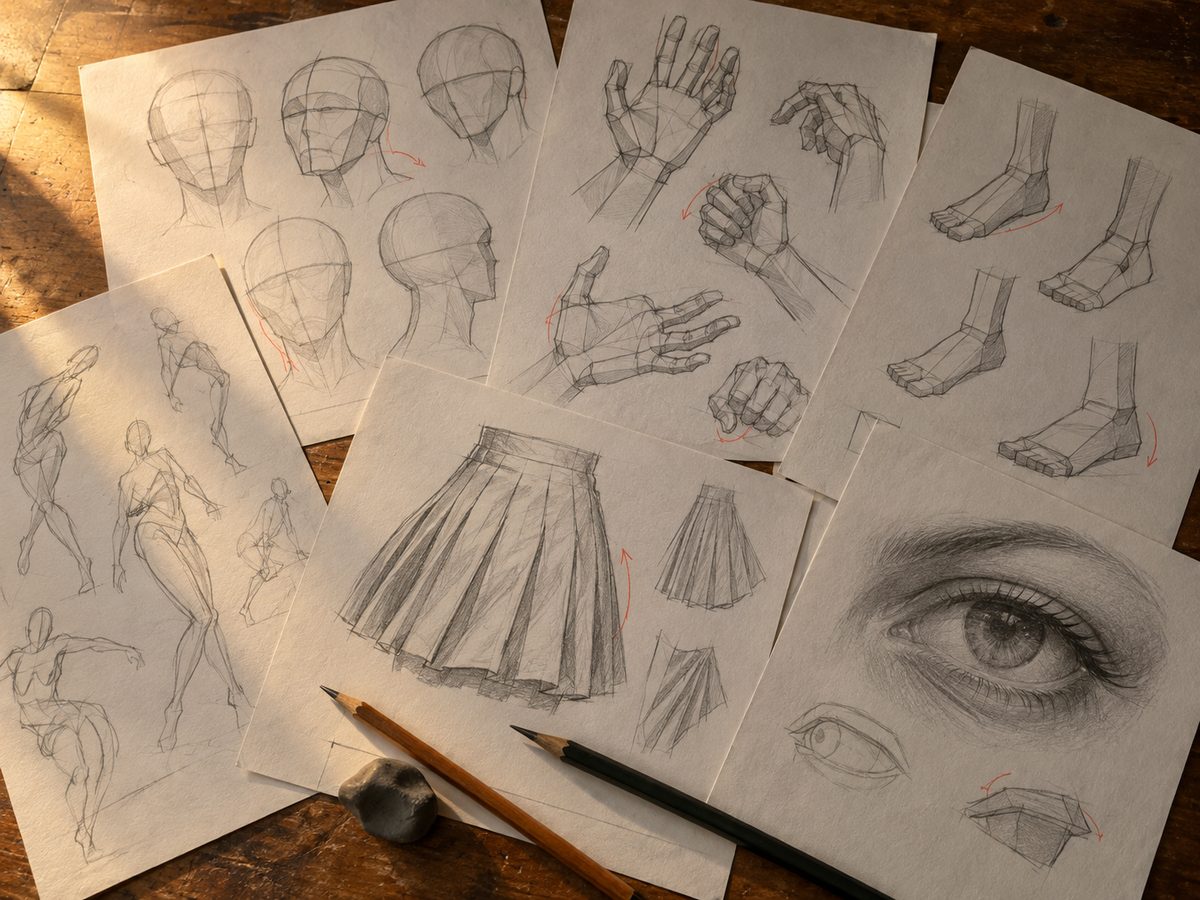 Un large eventail de feuilles de dessin etalees sur la table, chacune portant une etude differente au crayon, plusieurs annotees au vermillon