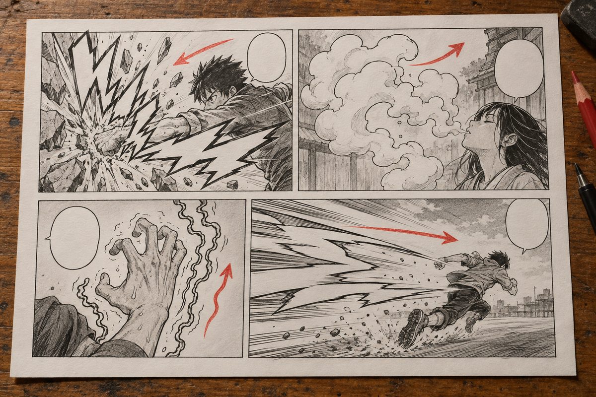 Quatre cases d'action manga, chacune avec une grande forme sonore dessinée : un éclat anguleux sur un impact, une forme ronde et gonflée sur de la vapeur, un ruban tremblé le long d'une main, et une traînée étirée derrière un coureur, la direction du mouvement marquée d'une flèche rouge