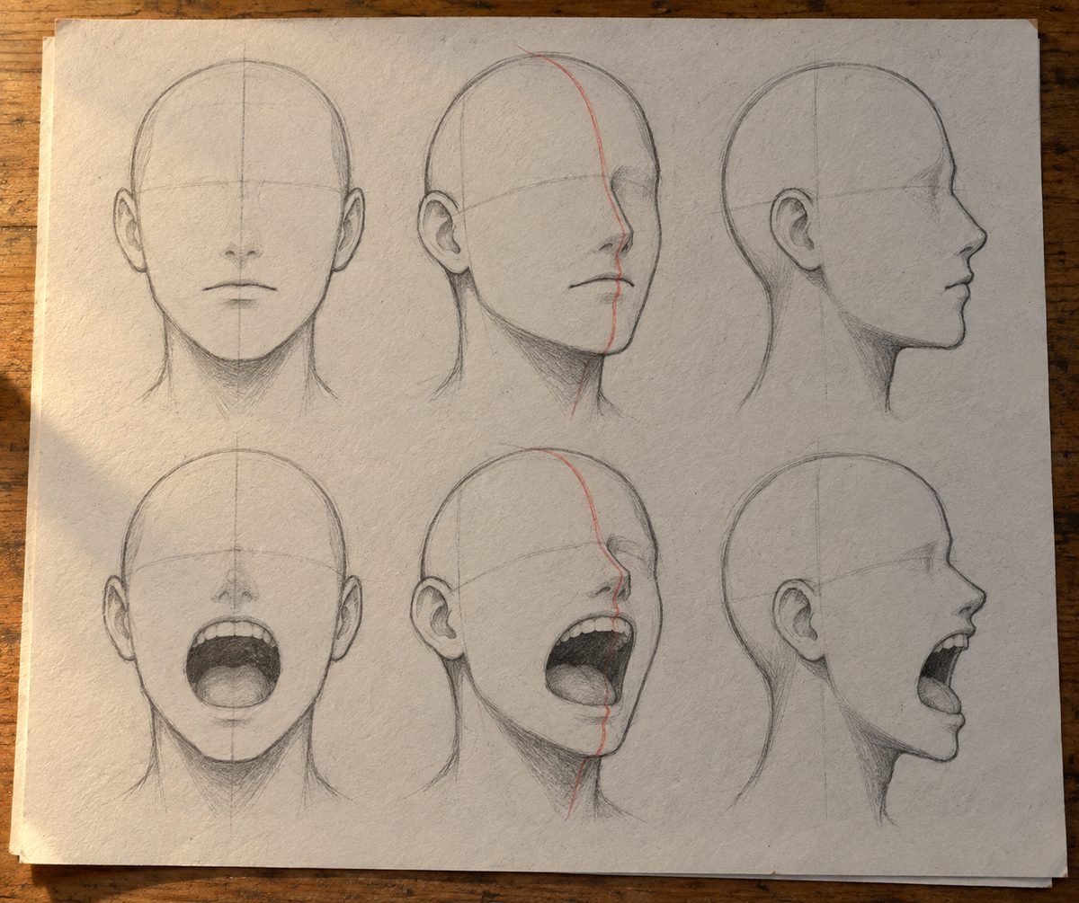 Planche d'études de bouches manga en deux rangées : la même bouche fermée de face, de trois-quarts où la ligne se courbe et se comprime du côté éloigné, et de profil où elle devient une marche dans la silhouette ; en dessous les mêmes angles bouche ouverte, construites en cavité