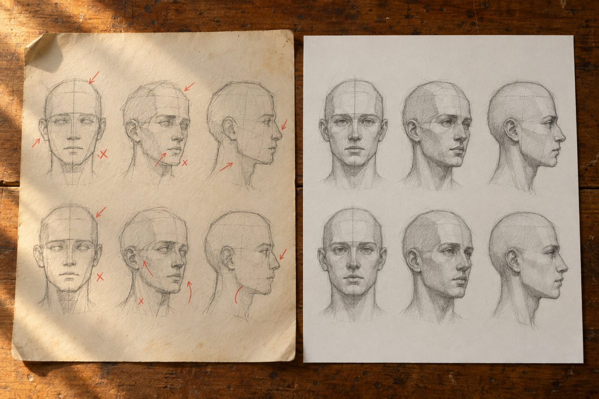 Deux planches-tests identiques côte à côte : celle de gauche plus maladroite, couverte de corrections au crayon rouge, celle de droite avec les mêmes six études dessinées plus sûrement et presque sans annotation