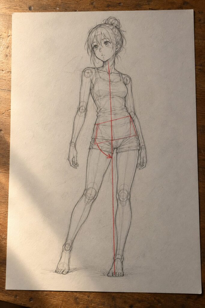 Planche corrigée : le trait d aplomb redescendu sur le pied porteur, le bassin retracé au crayon rouge