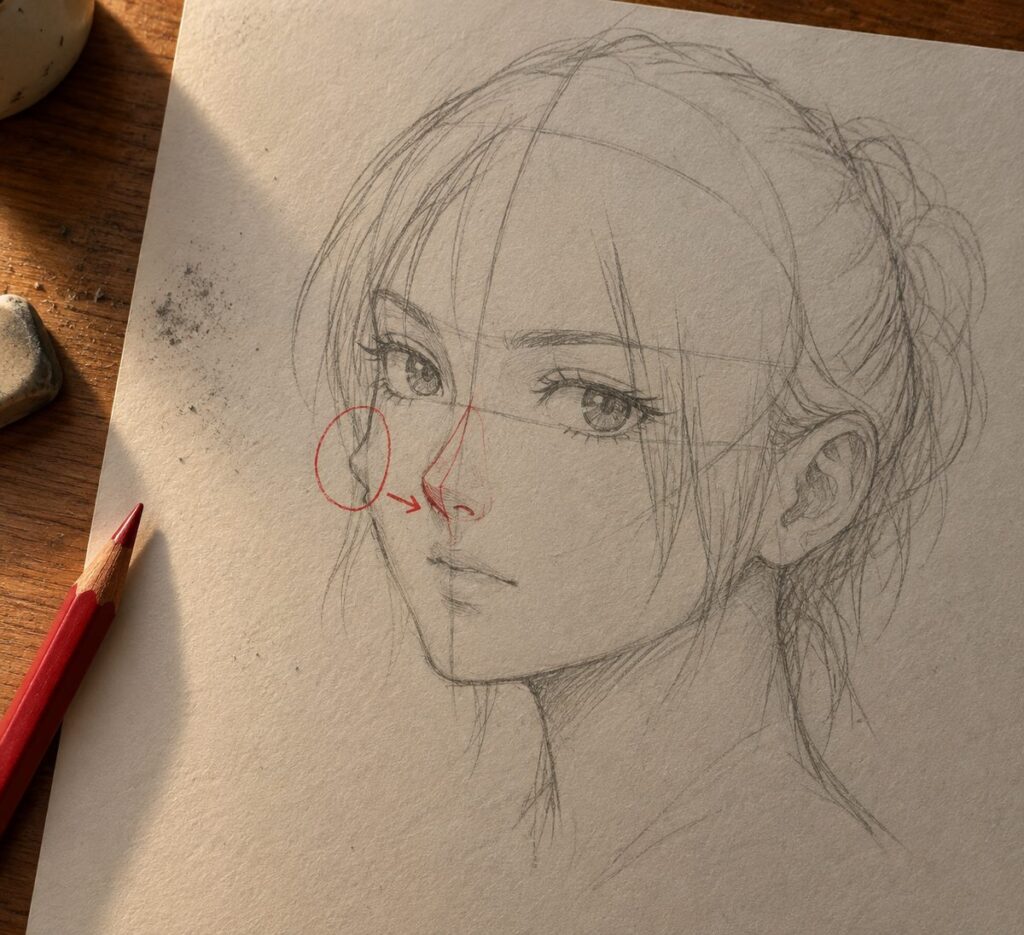 Planche corrigée : le nez ramené dans le volume du visage, entouré au crayon rouge sur un trois-quarts