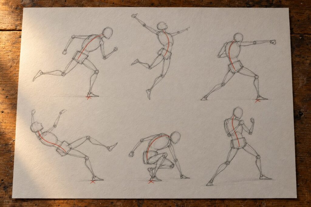 Six etudes de geste en deux rangees : course, saut, coup porte, chute, reception et garde, chacune avec sa ligne d action tracee en rouge et une croix sous le pied porteur