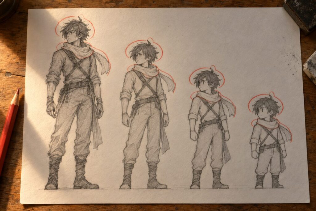Le meme personnage reduit en quatre paliers, de la taille normale a deux tetes, gardant sa silhouette, sa coiffure et son echarpe entourees au crayon rouge