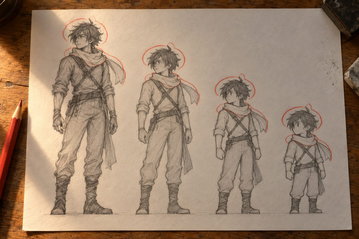 Le meme personnage reduit en quatre paliers, de la taille normale a deux tetes, gardant sa silhouette, sa coiffure et son echarpe entourees au crayon rouge