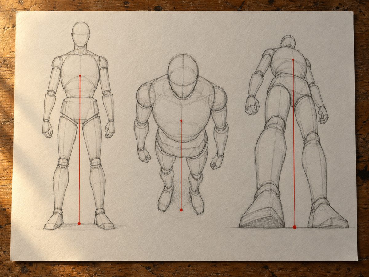 Trois constructions du même personnage debout : à hauteur d'yeux, vue de haut où la tête et les épaules dominent, et vue de bas où les pieds dominent et la tête rapetisse ; un fil à plomb rouge descend de la poitrine au sol sur chacune