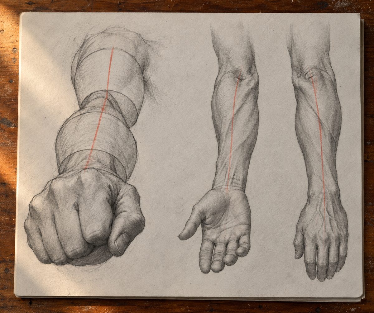 Planche d'études de bras : à gauche un bras pointé vers le spectateur construit en deux cônes tronqués avec des ellipses de section, le poing large et l'avant-bras comprimé ; à droite le même avant-bras dessiné paume vers le haut puis vers le bas, ses deux crêtes se croisant
