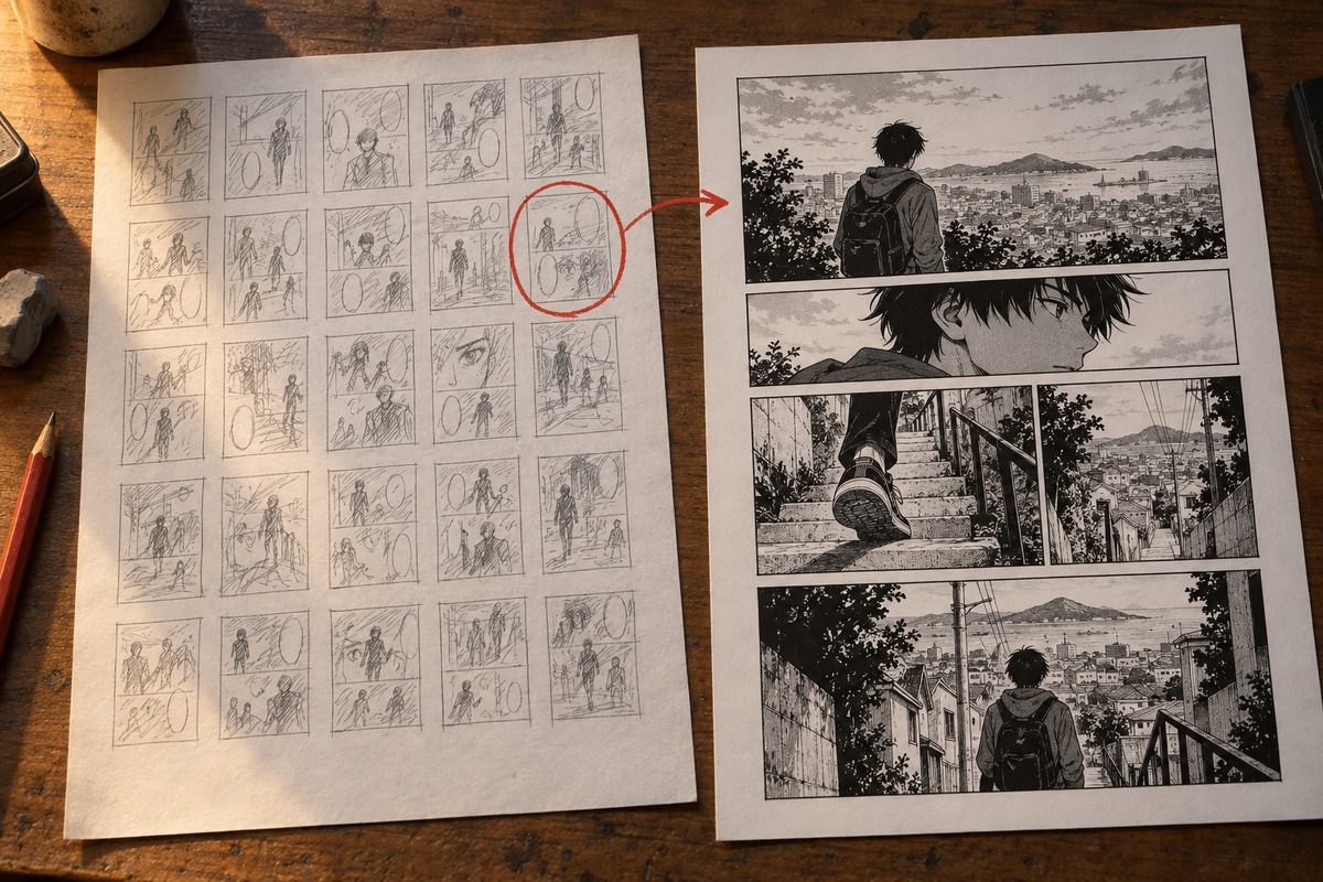 Deux feuilles côte à côte : à gauche le storyboard griffonné d'un chapitre entier en petites pages découpées en cases, à droite une seule page finie et encrée issue de ce storyboard