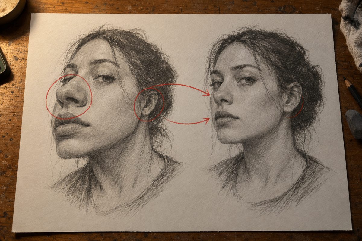 Deux études du même visage au crayon : à gauche la copie fidèle d'un selfie de près avec le nez projeté et les oreilles rapetissées, à droite la version corrigée avec le nez ramené dans le volume et les tempes rendues à leur largeur