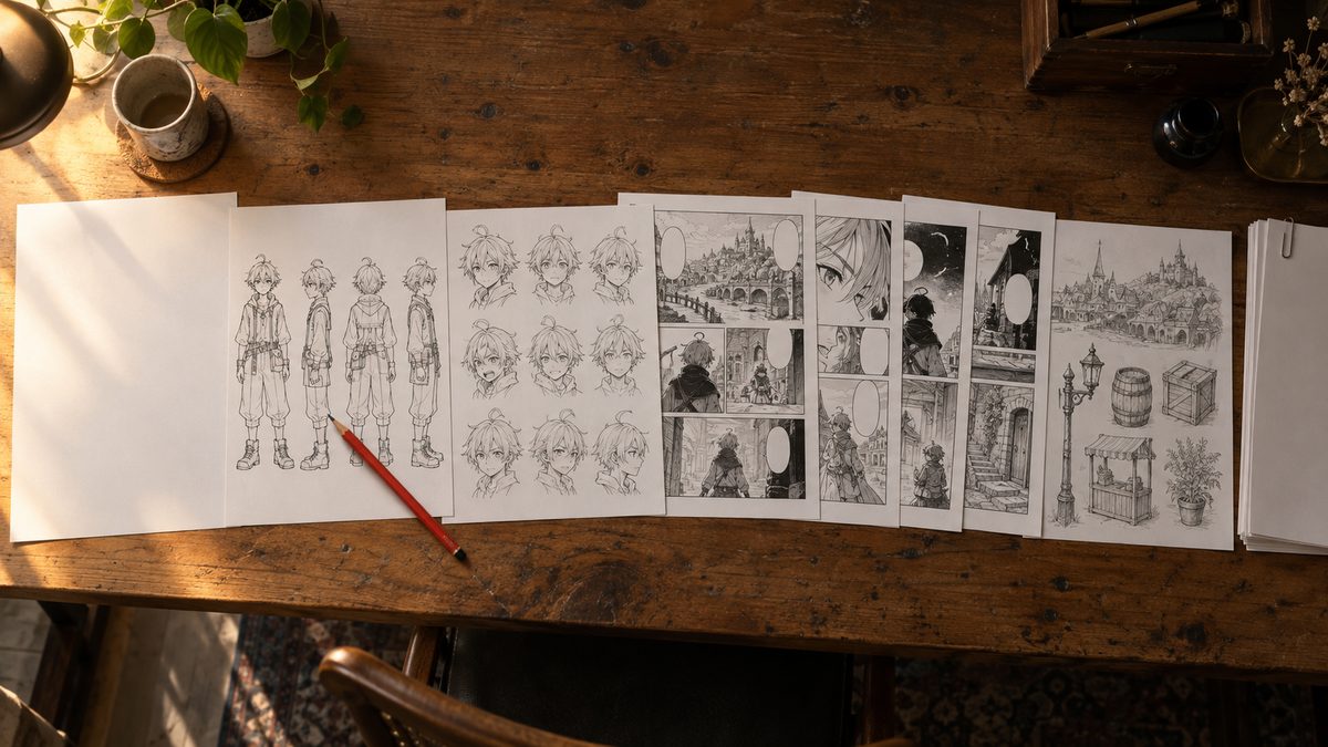 Dossier de candidature étalé sur la table : feuille de titre vierge, planche de tournette d'un personnage, feuille d'expressions, trois pages de manga encrées aux bulles vides, puis une feuille d'études de décors