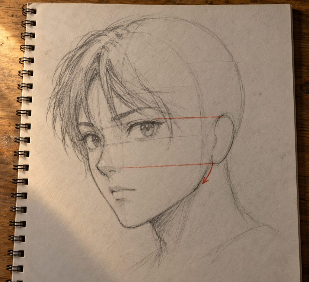 Tete manga de trois-quarts : l oreille encadree par la ligne des sourcils et la base du nez, la machoire partant sous le lobe