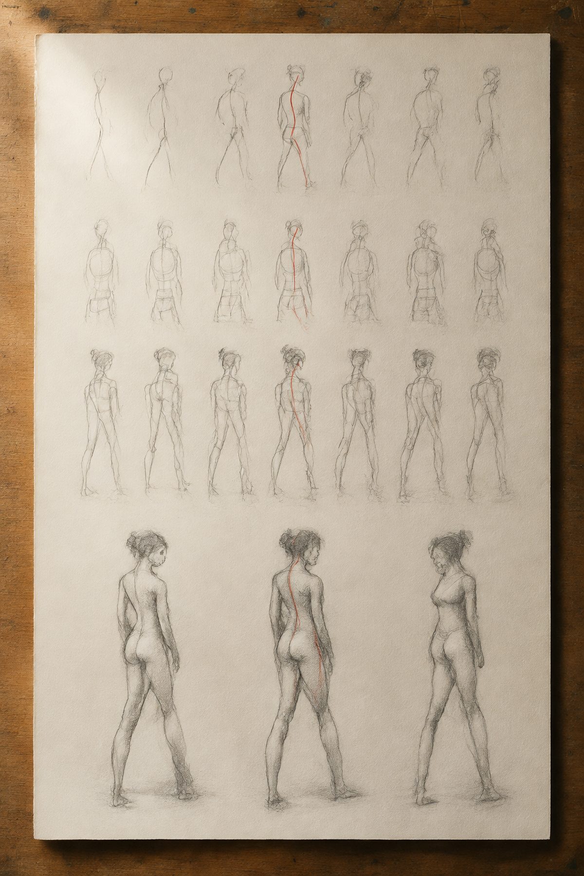 Feuille de séance de croquis couverte d'études du même modèle debout à des niveaux de finition croissants : de minuscules gestes réduits à une ligne d'action en haut, des figures construites au milieu, puis deux études plus grandes avec des masses d'ombre