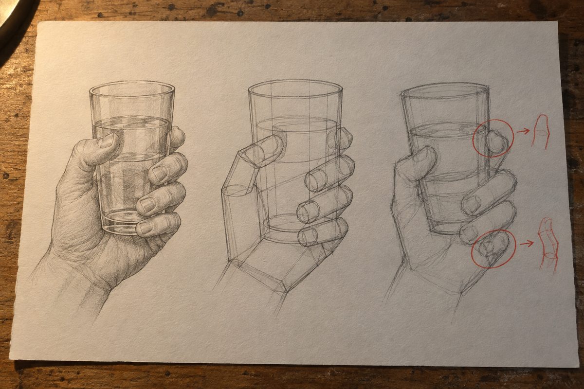 Trois études de la même main tenant un verre : une copie soignée du contour, la même main décomposée en blocs et cylindres avec les chevauchements explicites, puis une version de mémoire moins juste avec deux erreurs entourées en rouge