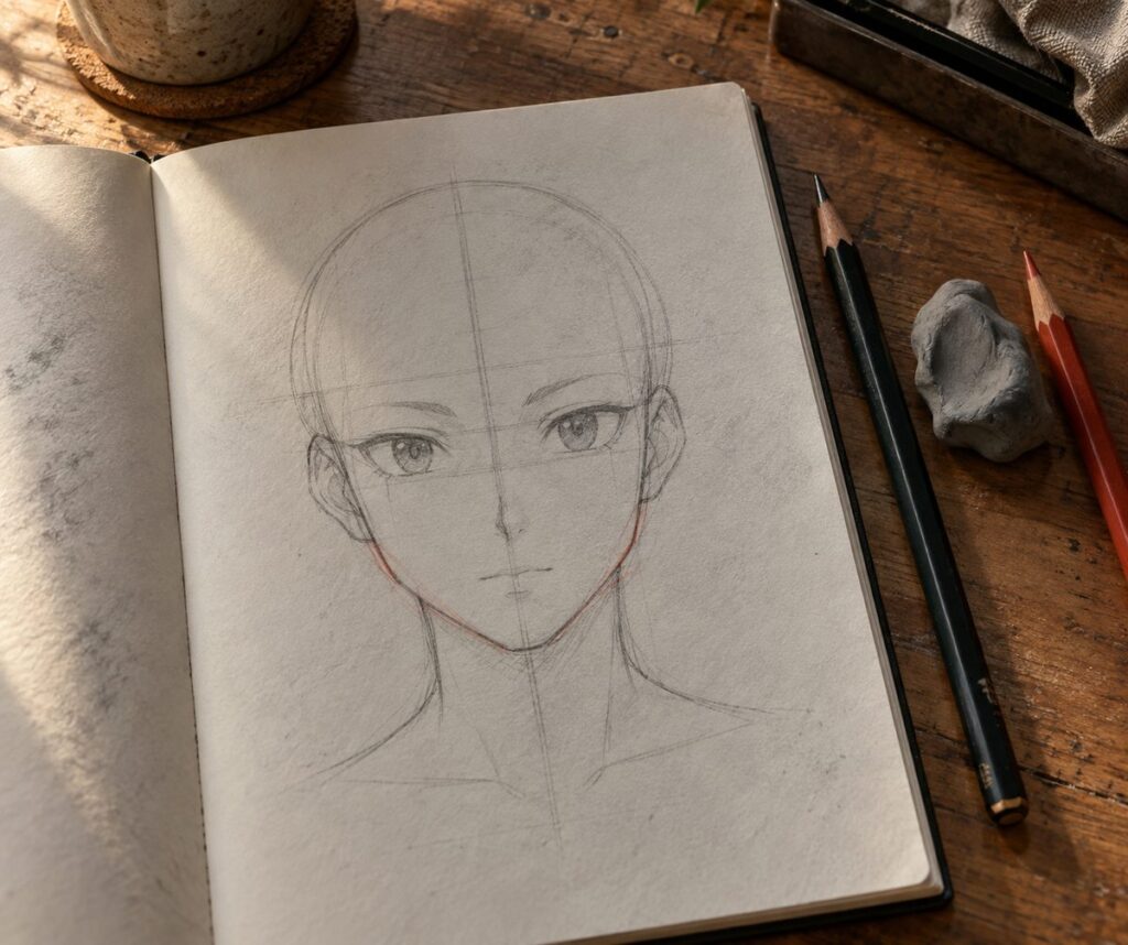 Carnet ouvert : construction d un visage manga au crayon, axe central et ligne des yeux visibles, correction au crayon rouge