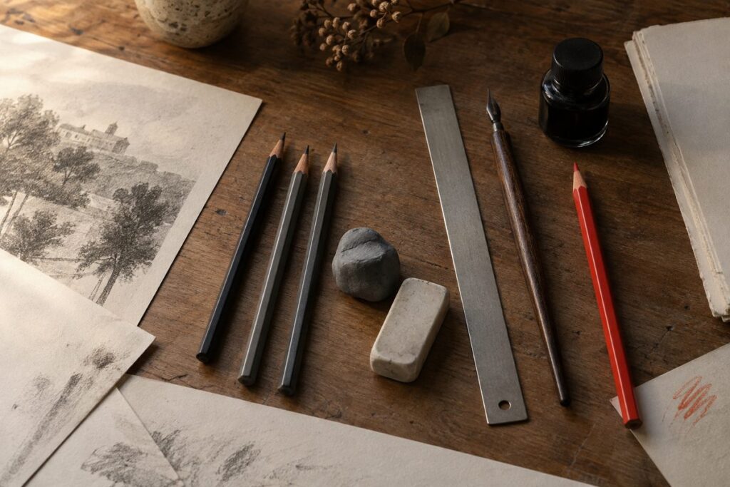 Materiel de dessin aligne sur la table : crayons graphite, gomme mie de pain, regle, porte-plume, encre et crayon rouge