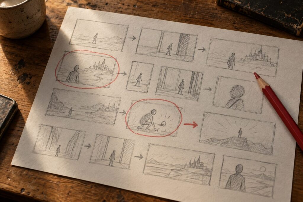 Feuille de decoupage : cases de storyboard esquissees au crayon, fleches de lecture, deux cases entourees au crayon rouge