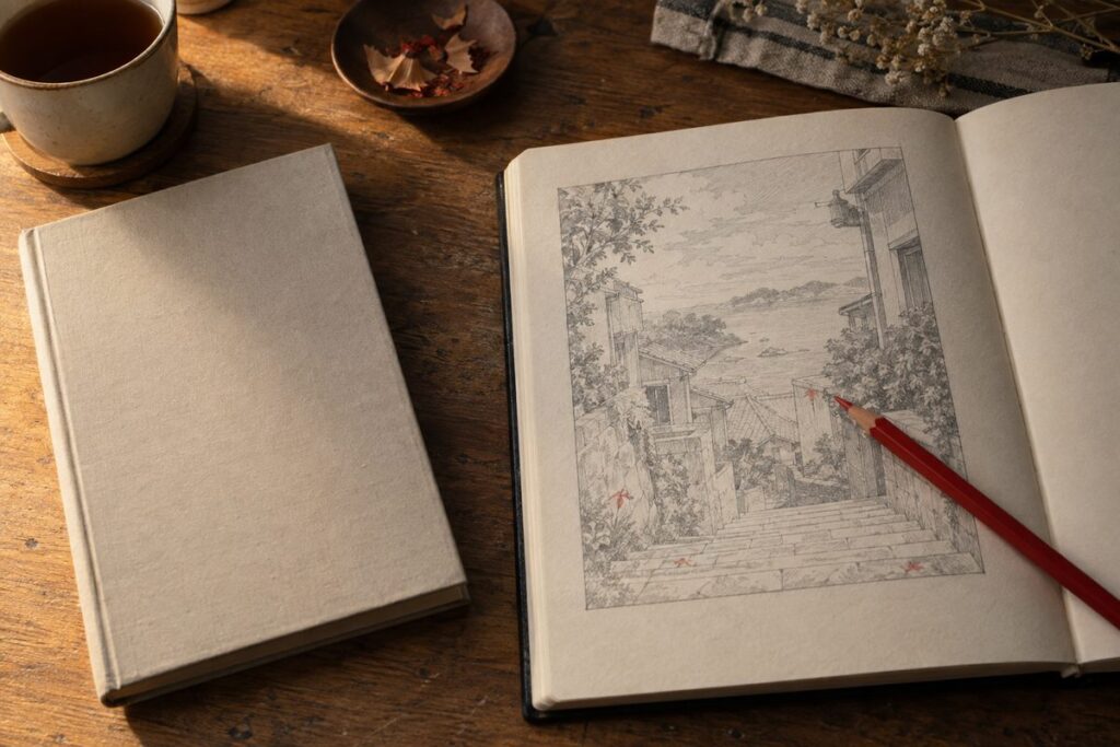 Un volume manga pose a plat pres d un carnet ou une case a ete recopiee au crayon, avec un crayon rouge dessus