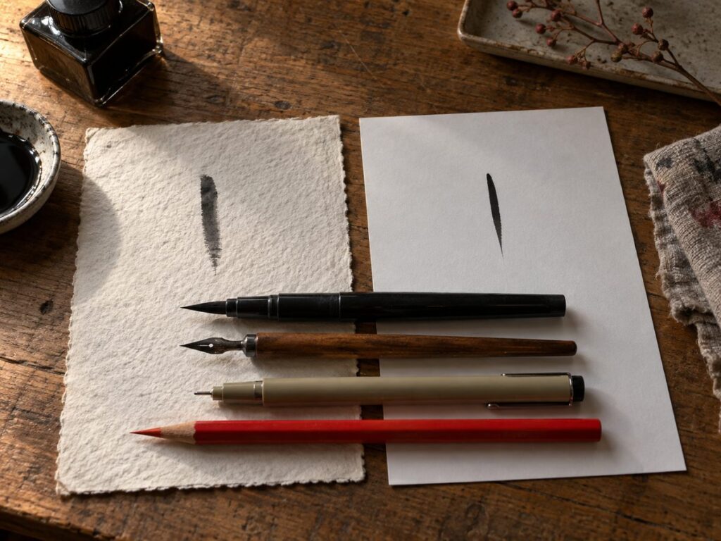 Comparatif d outils sur la table : deux papiers portant le meme trait d encre, feutre pinceau, plume, fineliner et crayon rouge