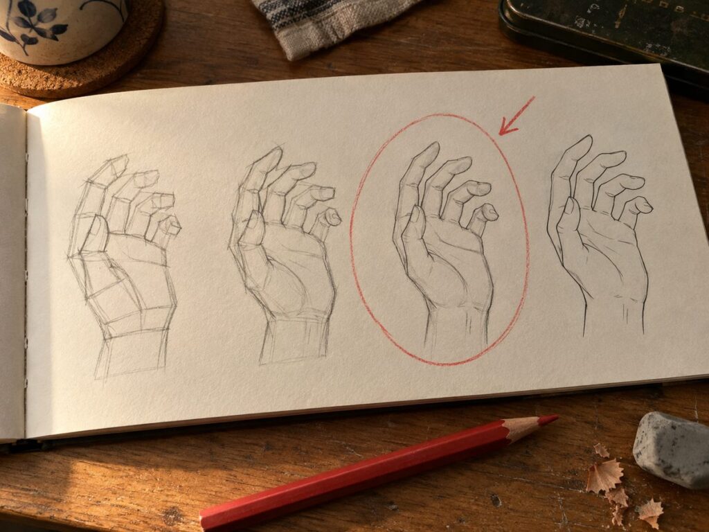 Carnet ouvert : la meme main manga dessinee en quatre etapes, de la masse au trait fini, la troisieme entouree au crayon rouge