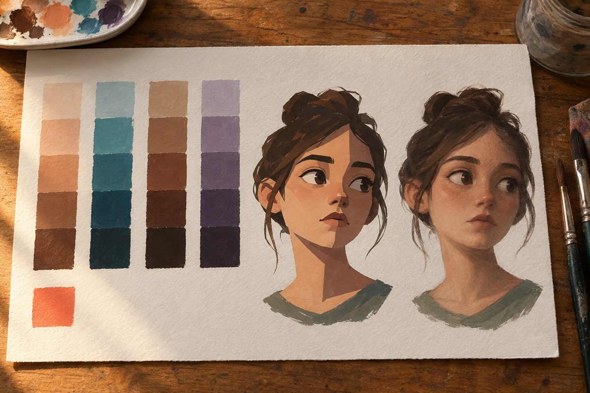 Étude de couleur peinte : quatre bandes de dégradés par famille de couleur, un carré orange corail isolé comme accent, et la même tête stylisée peinte deux fois, en ombres nettes puis en fondu doux
