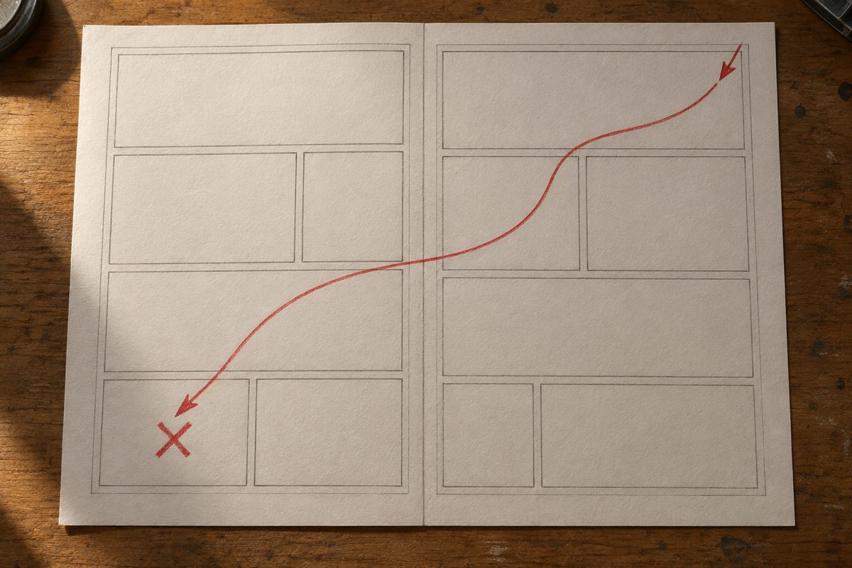 Deux pages de manga vides en vis-à-vis, avec une flèche rouge qui entre par le coin haut droit de la page de droite, traverse en descendant vers la gauche et finit sur la dernière case de la page de gauche marquée d'une croix