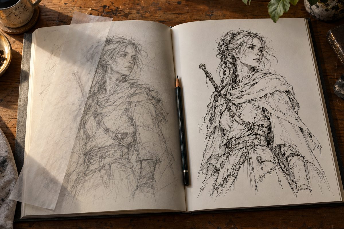 Un grand livre ouvert : a gauche le crayonne de recherche avec ses traits de construction, a droite le meme personnage fini a l encre, un calque pose sur la page de gauche
