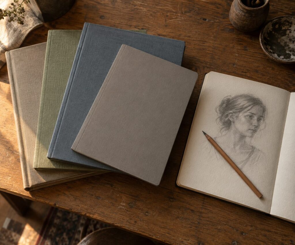 Quatre livres d art grand format empiles a cote d un carnet de croquis ouvert sur une etude au crayon