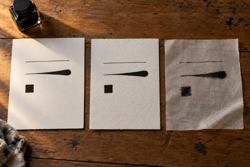 Trois feuilles de papier a dessin cote a cote portant le meme test a l encre : ligne fine, ligne qui gonfle, aplat noir ; la plus fine a bave et gondole
