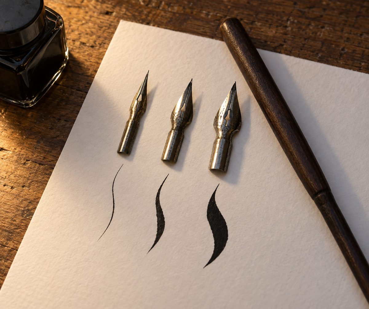 Trois plumes G en acier alignees sur une feuille avec un porte-plume en bois, chacune suivie de son trait a l encre