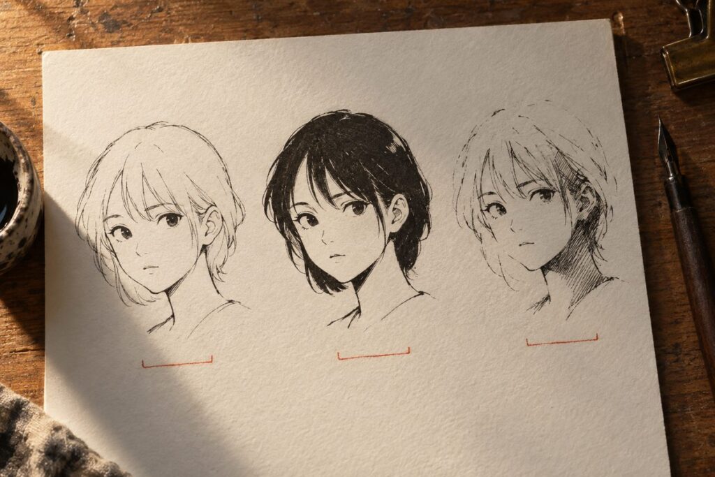 La meme tete manga encree trois fois : contour souple, contour net avec aplat noir, et trait casse avec hachures