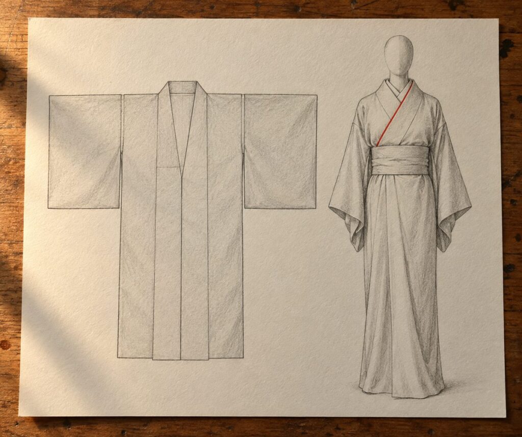 Construction d un kimono : a gauche le vetement a plat en forme de T fait de panneaux rectangulaires, a droite le meme porte, les pans croises en diagonale et la large ceinture qui comprime la taille