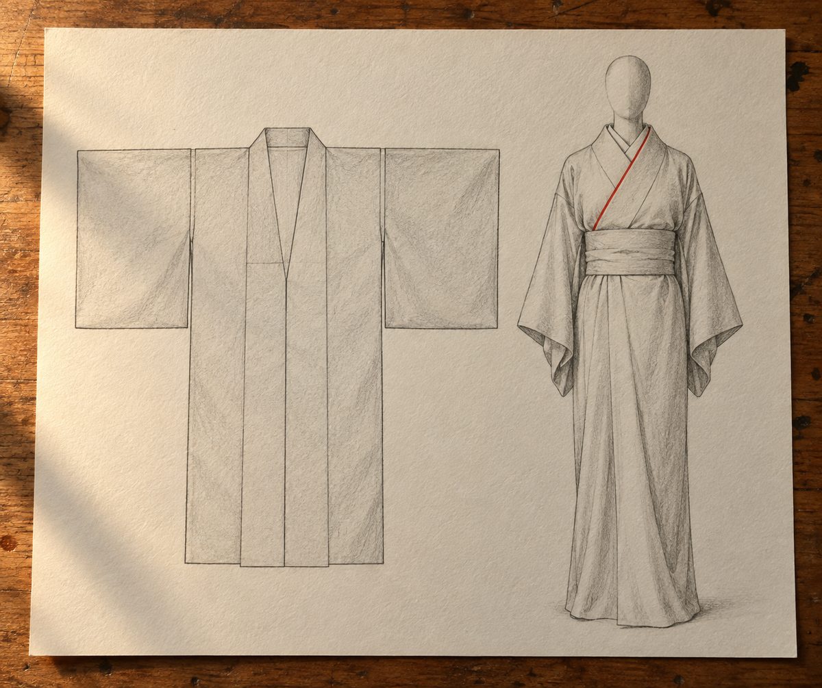 Construction d un kimono : a gauche le vetement a plat en forme de T fait de panneaux rectangulaires, a droite le meme porte, les pans croises en diagonale et la large ceinture qui comprime la taille